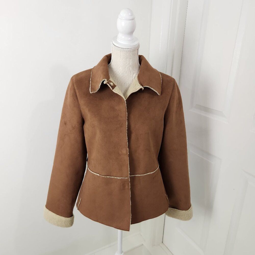 Mudd Jacket Womens L Brown Faux Suede Sherpa Lined Vintage Y2K Snap Close Vtg